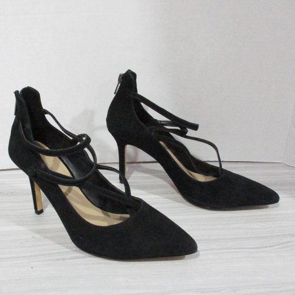SAKS FIFTH AVENUE 'BERNADET'  3.5" ANKLE STRAP HEELS! BLACK MICRO-SUEDE. - Picture 6 of 13